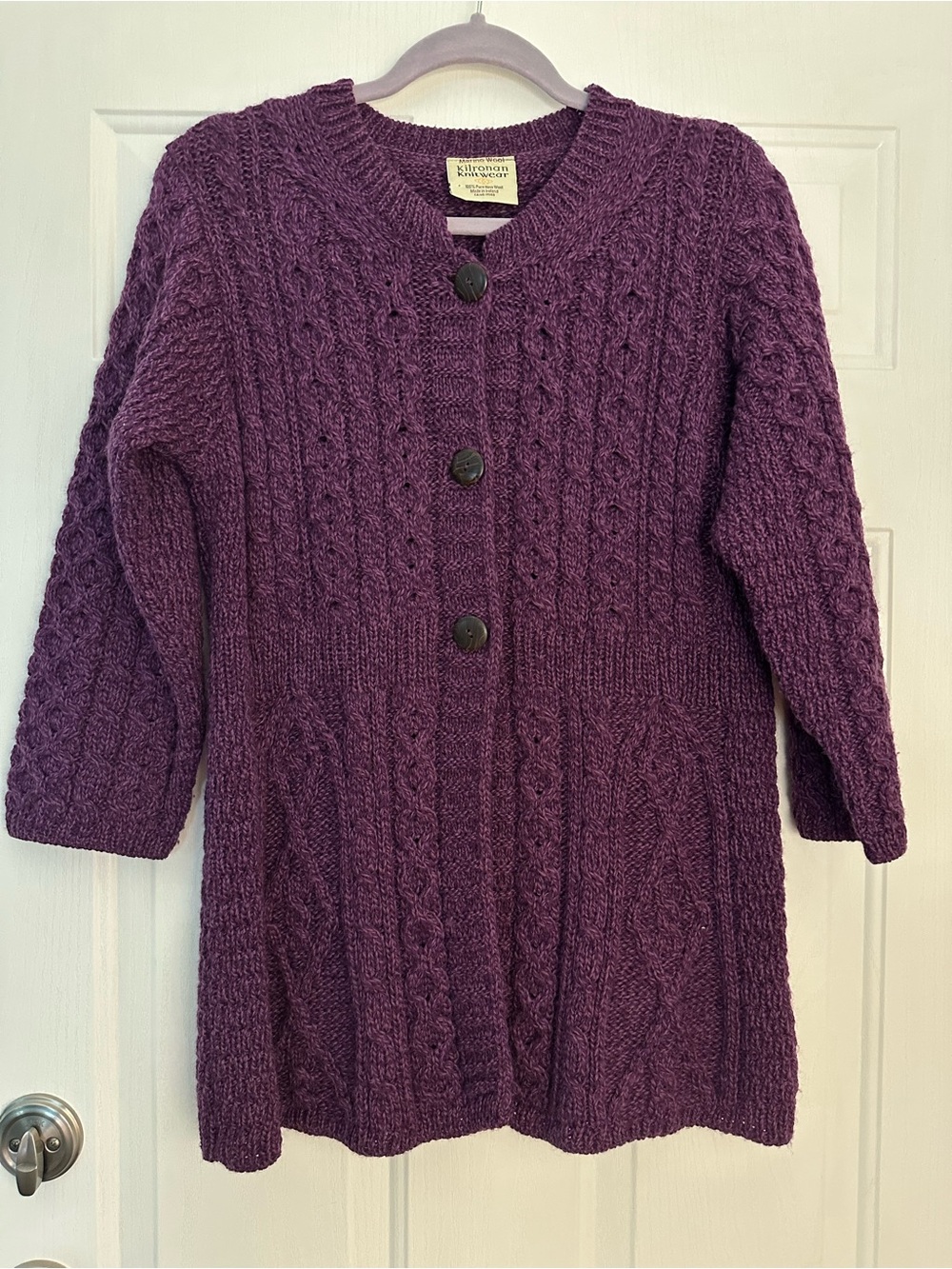 Kilronan Knitwear Irish Made Fisherman Merino Wool Knit Cardigan Sweater Purple